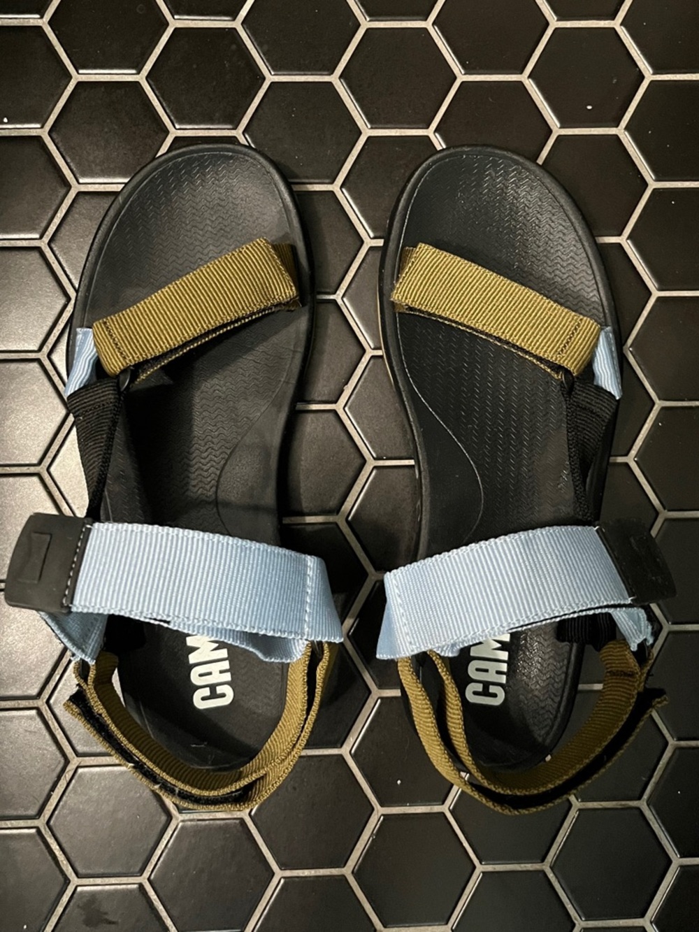 Men’s Camper Match Black Sandals with Light Blue and Olive Straps
